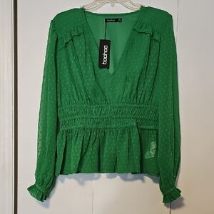 Boohoo Green Blouse with Smocked Waist